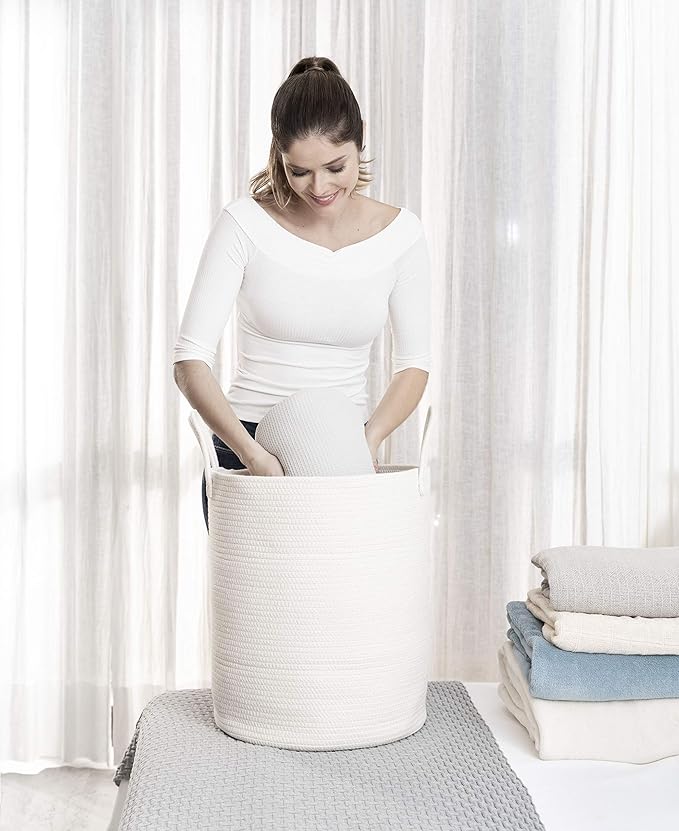 OrganiHaus White Laundry Basket 15x18, Cotton Rope Basket for Blankets, Tall Woven Baskets for Storage, Large Basket for Toys, Soft Blanket Holder Bin, Boho Blanket Basket for Living Room