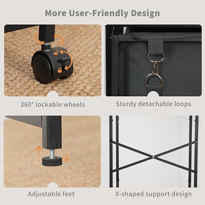 Coat Rack with Laundry Basket, Laundry Hamper Freestanding Hall Tree, Clothes Rack with Storage Shelves, 14.5 Gal Removable Bags on Wheels, Black JLH005B