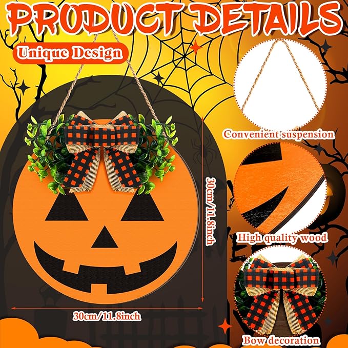 Halloween Wreaths for Front Door Ghost Door Hanger Wooden Hanging Sign 11.8 x 11.8 Inch Pumpkin Welcome Wreath Sign for Wall Porch Outside Farmhouse Home Indoor