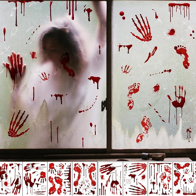 Halloween Bloody Handprint Footprint Window Stickers Wall Stickers for Halloween Party Decorations Inside Outside Decor Come with Plastic Scraper Tools