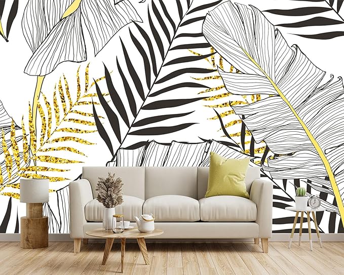 '-Black and Gold Tropical Botanical Banana Leaf Fabric Wallpaper Living Room Bedroom Bathroom Abstract Plant Wall Mural- 91"x65"（ not Peel and Stick）