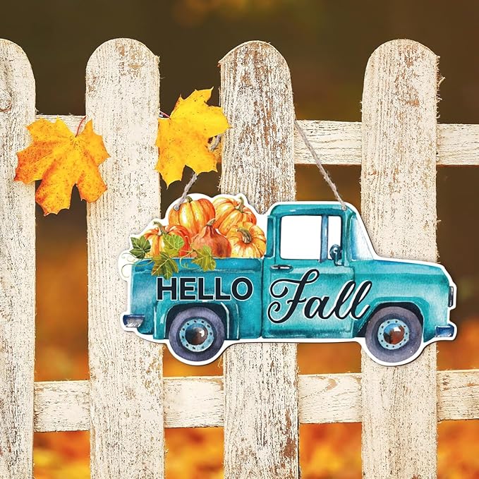 Fall Door Hanger - Pumpkin Welcome Sign, Hello Fall Wood Hanging Decors, Rustic Thanksgiving Decorative for Porch, Indoor Outdoor Autumn Door Decor(Truck), Housewarming Gift, Home Indoor Outdoor Deco