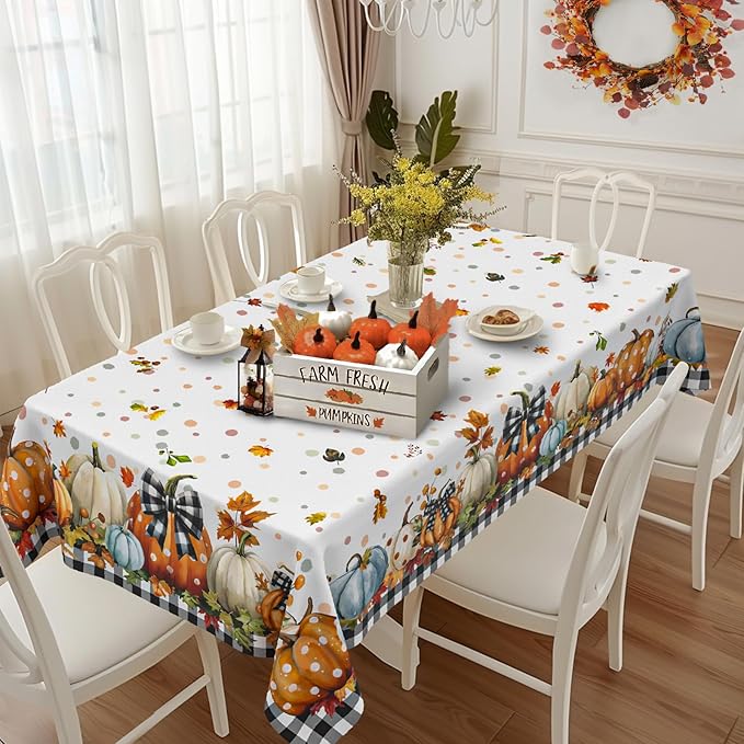 Fall Pumpkin Tablecloth Thanksgiving Autumn Buffalo Plaid Table Cloth 60"x102", Waterproof and Reusable Table Cover for Fall Harvest Party Decoration