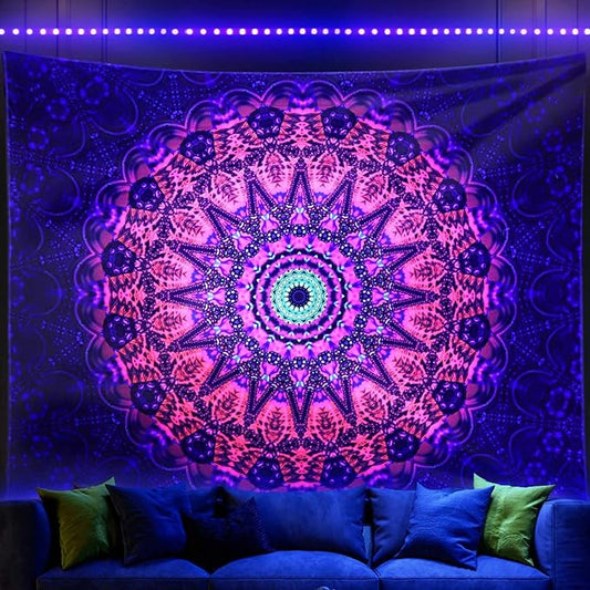 ADDWel Blacklight Mandala Boho Tapestry Glow In The Dark, Black Light Bohemian Hippie Poster Wall Hanging for Bedroom Aesthetic Wall and Room Decor (90" x 70", Mandala)
