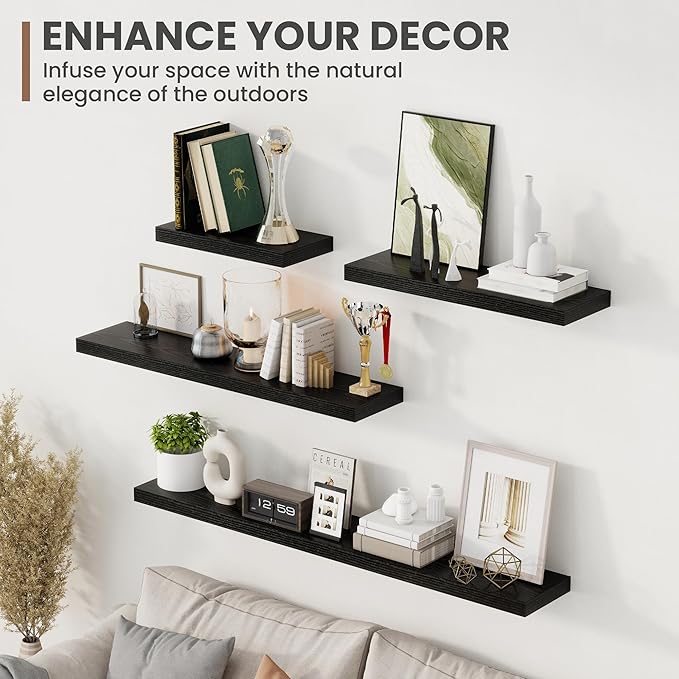 24 Inch Floating Shelves, 8 Inch Deep Floating Shelves for Wall, Hanging Shelf with Invisible Brackets, Deep Shelves for Bathroom, Bedroom, Living Room, Black, Set of 2