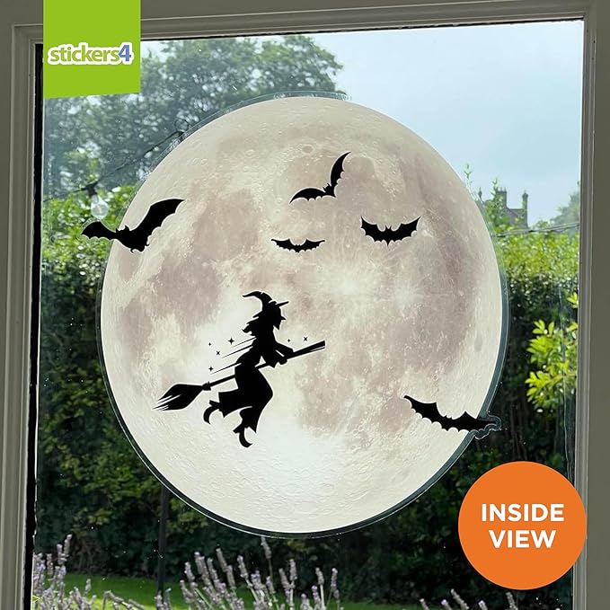 Halloween Window Clings for Glass Windows - 16" x 16" Moon Window Decal - Witch Clings Silhouette - Halloween Decorations