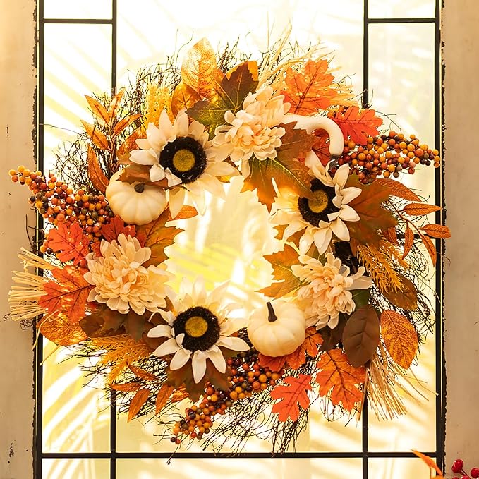 Fall Wreaths for Front Door Decor - Walasis 20 Inch Thanksgiving Wreath with Maple Leaves White Pumpkin Daisy Sunflower Wreath Autumn Harvest Decorations for Table Front Porch