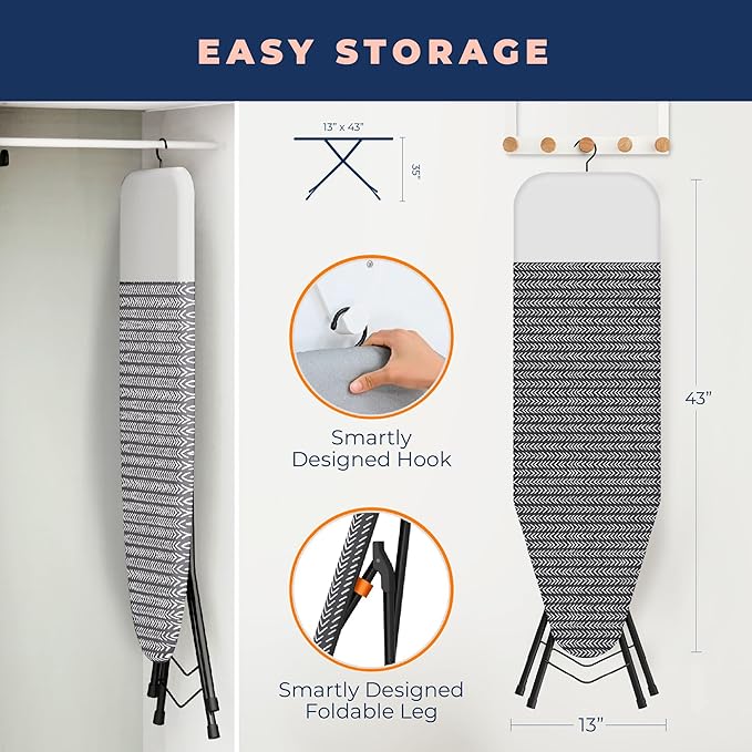 Happhom Ironing Board, Compact and Space Saver Iron Board, Safety Ironing with Park Zone and 4 Layers Extra Thick Cover, Patented Lock System for Foldable Leg, Easy Storage with Smart Hanger (13x43)