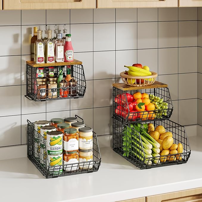 X-cosrack 2-Tier Stackable Wire Baskets for with Wood Lid, Wall Hanging Baskets for Potato and Onion Storage, Fruit Basket for Kitchen Counter, Metal Baskets for Snack Produce Cans