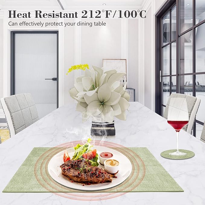 Faux Leather Placemats Set of 6,Heat Resistant Placemats for Dining Table, Easy Clean Non-Slip Place Mats, Waterproof Stain Resistant Wipeable Washable PU Table Mats, (Light Green)