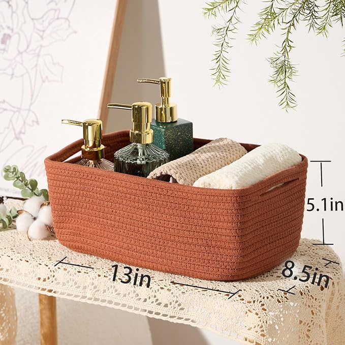 Small Storage Baskets for Organizing | Closet Organizer Bins | Shelf Toy Basket | Woven Rope Baskets | Cube Decorative Box | Shallow Basket | 13x8.5x5.1” | 4 Packs Oxide Red