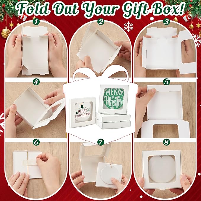 50 Pcs Sublimation Ornament Blanks Box 3.6"x3.6"x0.7" Christmas Ornaments Holder Ceramic Discs Packaging Box with Window for Personalized Xmas Tree Blanks Bulk (White)