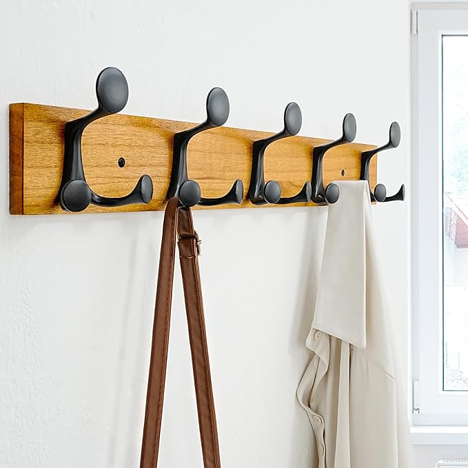 SKOLOO 24-Inch Light Brown Wood Coat Rack Wall Mount with 5 Triple Hooks - Ideal for Family Entrances, Classrooms, and Pet Supplies Storage - Perfect Coat Hooks for Wall