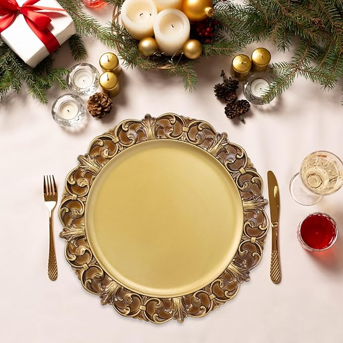 Gold Charger Plates Set of 6, Decorative Table Plastic Chargers for Dinner Plates, Party, Wedding, Thanksgiving, Christmas, 11G