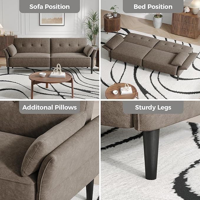 89” Futon Sofa Bed, Comfy Futon Couch Bed with 2 Square Pillows, Convertible Sleeper Sofa with Adjustable Backrest& Armrests, Modern Loveseat Sleeper for Living Room, Bedroom, Light Brown