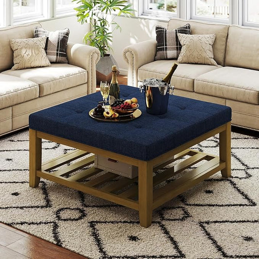 Large Square Ottoman Coffee Table, Linen Solid Upholstered Footrest Ottoman with Solid Wood Shelf Storage Tufted Coffee Table for Bedroom Living Room, Navy Blue