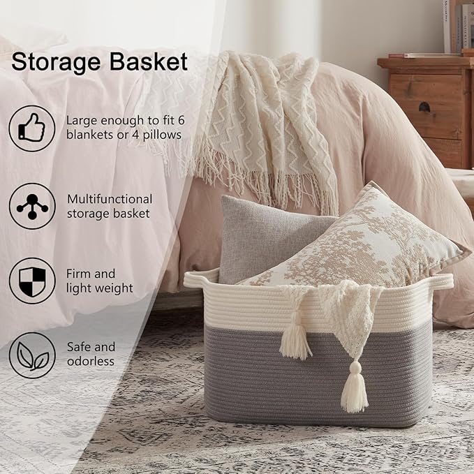 OIAHOMY 65L Blanket Basket, Cotton Rope Woven Blanket storage for Living Room, Rectangle Woven Baskets for Storage, 20''×16''×12'', Grey and White