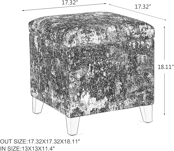 Adeco 18 Inch High Cube Ottoman Storage, Linen Chair Foot Stools, Upholstered Vanity Stool with Hinged Lid, Solid Wood Legs