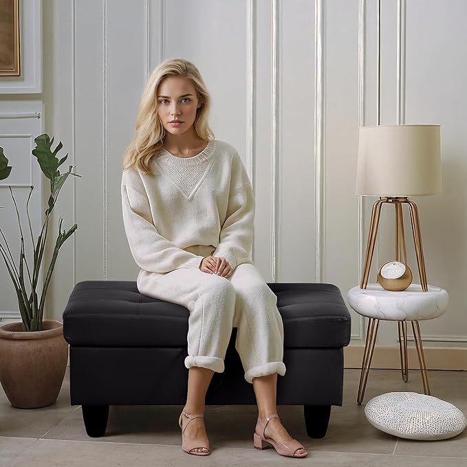 Ottoman Rectangular Storage Ottoman Bench, Faux Leather Footrest, Coffee Table, Stool Footstool with Hinged Lid for Living Room, Bedroom, Entryway, Black, 35"x23.5"x17.5"