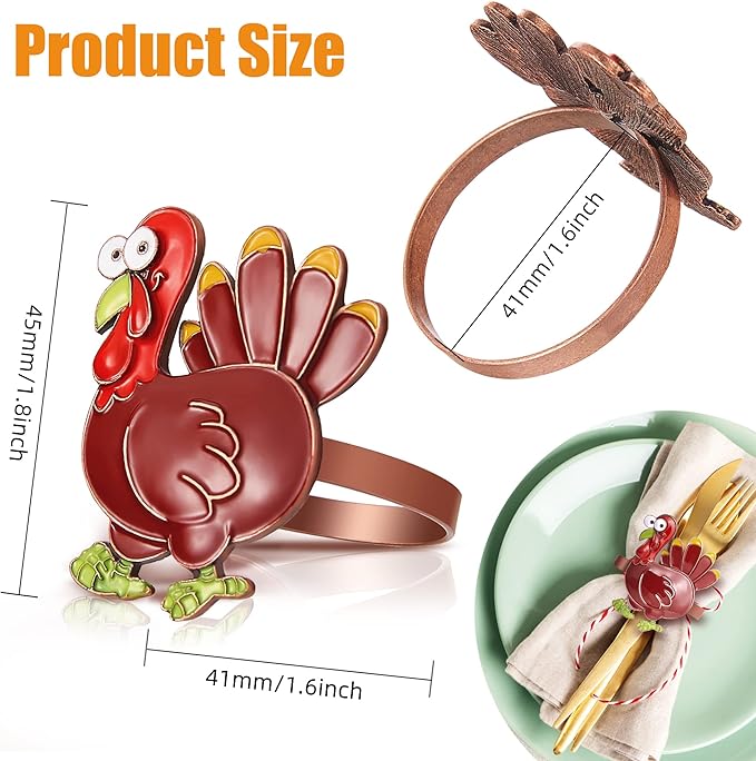 Halatool 6 PCS Thanksgiving Day Colorful Turkey Napkin Ring Funny Metal Festival Napkin Holders for Dinner Table Party Decoration