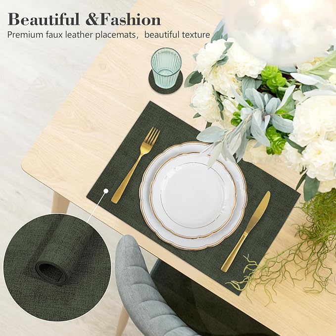 Faux Leather Placemats Set of 6,Heat Resistant Placemats for Dining Table, Easy Clean Non-Slip Place Mats, Waterproof Stain Resistant Wipeable Washable PU Table Mats, (Dark Green)