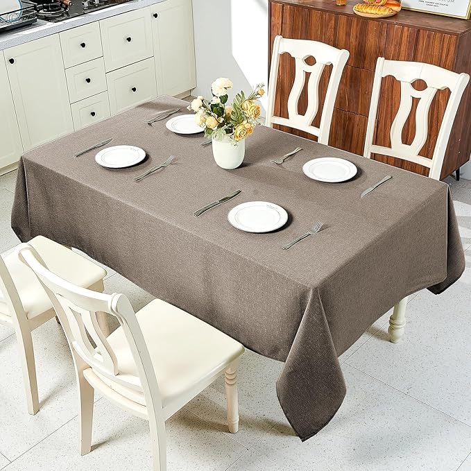 IVAPUPU Textured Linen Table Cloth for Rectangle Tables - Mocha Tablecloths Rectangular Waterproof Wrinkle Free Wipeable Dining Table Cover for Spring Wedding Birthday Kitchen Decor, 52 x 70 Inch