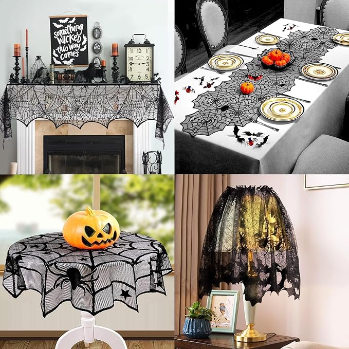 5Pack Halloween Decorations Indoor Halloween Decor Black Lace Table Runner Fireplace Mantel Scarf Round Tablecloth Cobweb Lampshade with 32 Pcs 3D Bat Wall Stickers