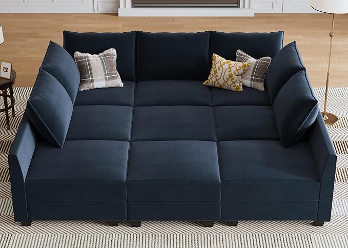 HONBAY Sectional Sleeper Sofa Velvet Sectional Sleeper Couch with Storage Modular Sleeper Sectional Sofa Couch for Living Room,Dark Blue