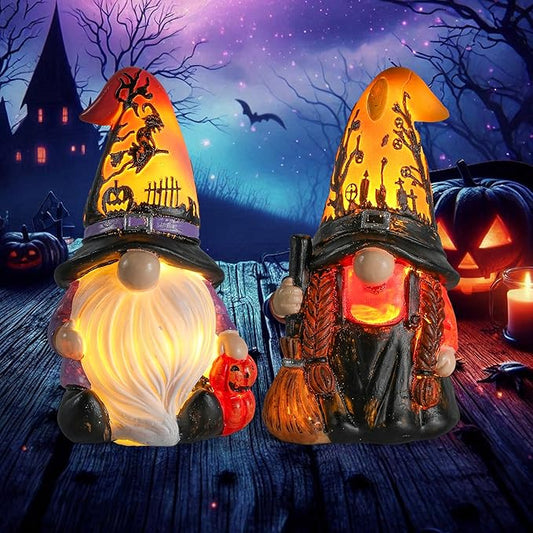 Halloween Gnomes and Witch Figurines - 2Pack Lights Up Fall Gnome Ornaments - 4.5'' Resin Indoor Halloween Decor for Women (Gnomes)