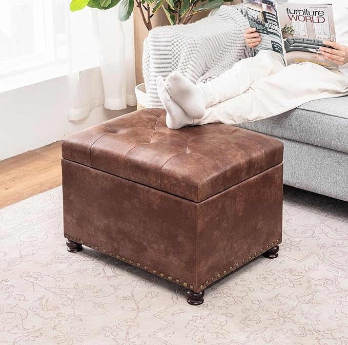Joveco Leather Storage Ottoman, 24" Rectangle Tufted Square Upholstered Bench, Foot Rest Stool with Wood Legs, Footstool for Living Room Bedroom, Coffee