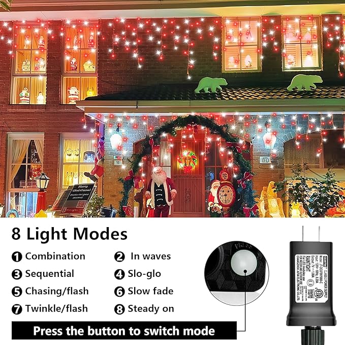 800 LED Icicle Lights Red and White