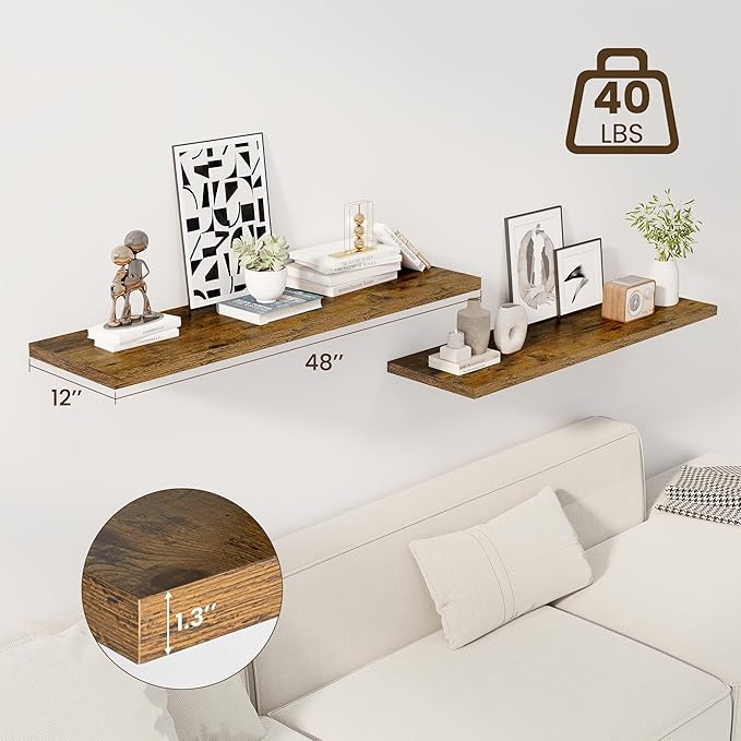 48" Floating Shelves for Wall, 12" Deep Slim Rustic Brown Floating Shelves, Wall-Mounted Shelves for Bedroom, Living Room, Kitchen, Bathroom - Set of 2