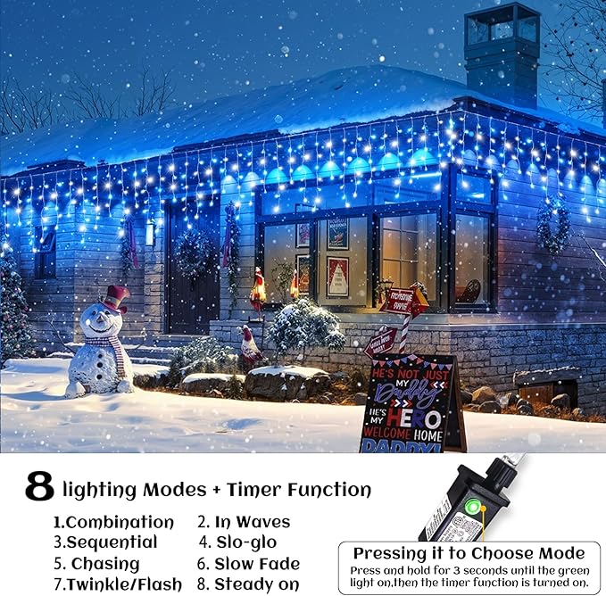 33ft Icicle Lights for Outside, Blue and White Christmas Lights Outdoor Indoor, 400 LED Twinkle String Light with 75 Drops Short Curtain Light for Thanksgiving Room Home Wall Bedroom Window Decoration