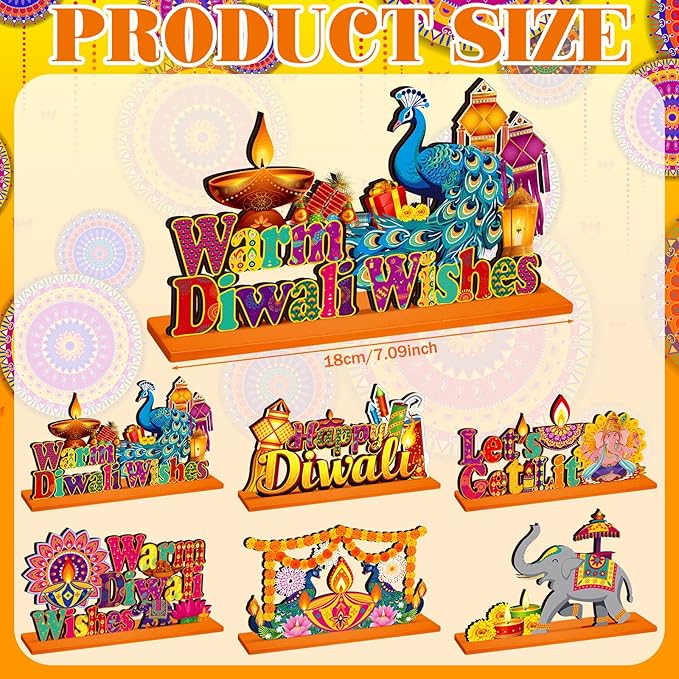 6 Pcs Diwali Wooden Table Centerpiece Warm Diwali Washes Wooden Table Sign Festival Candle Elephant Peacock Signs Farmhouse Wood Tabletop Decor for Home Party, 6 Styles
