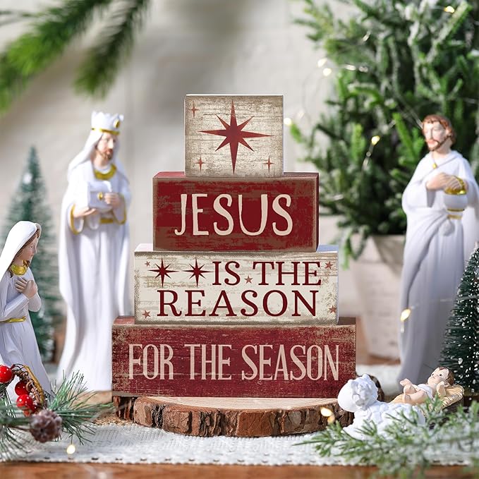 4 Pcs Christmas Table Decoration Jesus Decor Christmas Tiered Tray Decor Christian Centerpiece Decorative Jesus Block Signs Gift Farmhouse for Religious Home Office Tabletop Kitchen Office