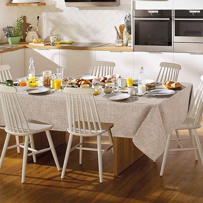 Fitable Faux Linen Tablecloth Rectangle 60 x 84 Inch - Fabric Neutral Table Cloth for 6 Foot Tables, Nature Faux Burlap Kitchen Table Cover for Dining, Party, Farmhouse, Outdoor Picnic, Camping