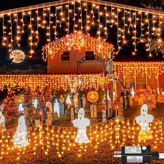 33 FT 400LED Halloween Lights, Orange Icicle Lights for Outside, Clear Wire Twinkle String Light with Timer 8 Modes Waterproof for Window House Patio Yard Wedding Classroom Festival Decor