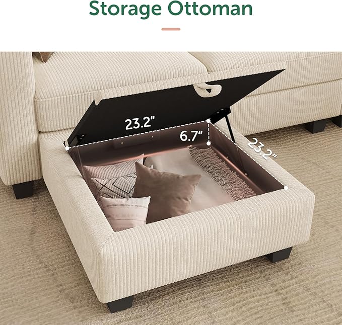 HONBAY Corduroy Modular Sectional Couch with Storage L-Shaped Sectional Couches for Living Room 6 Seater Modular Sectional Sofa, Beige