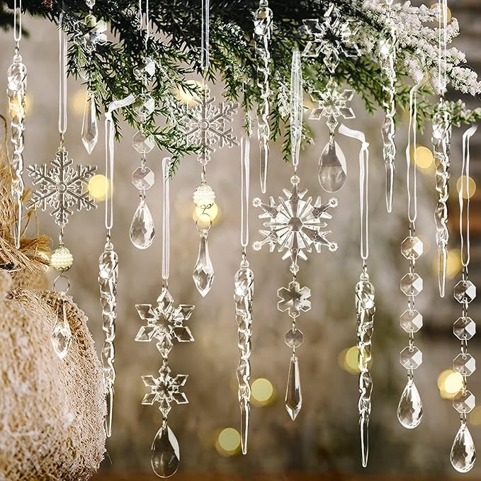 18pcs Christmas Tree Decoration Crystal Ornaments - Hanging Acrylic Christmas Snowflake Icicle Drop Crystal Ornaments for Xmas Tree Winter New Year Party Supplies