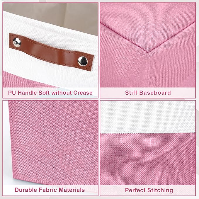 Large Fabric Storage Baskets | 50L Storage Bins, Decorative Linen Closet Baskets with Handles for Organizing, Shelf, Toys, Clothes, Home, Office, Nursery, 17x12x15Inches (Pink&White)