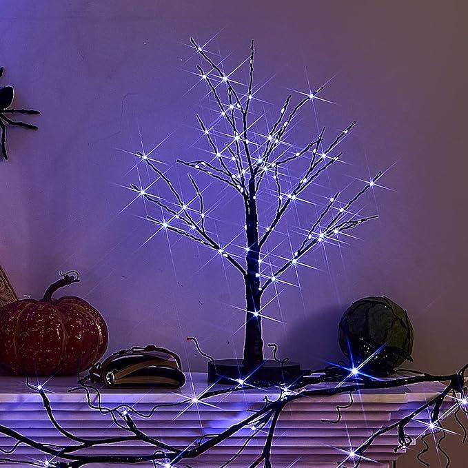 Fudios Lighted Halloween Tree with Timer 80 LED Purple Lights USB Plug or Battery Operated,18in Pre-lit Spooky Black Trees Table Indoor Home Decor