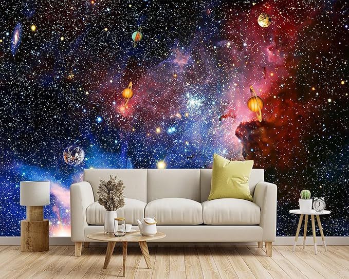 '-Galaxy Universe Planet Ceiling Fabric Wallpaper Boys Girls Nursery Starry Sky Children Bedroom Bathroom Large Mural- 160"x108"（ not Peel and Stick）
