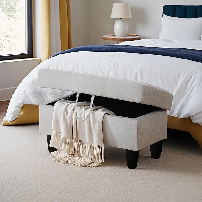 Ottoman Rectangular Storage Ottoman Bench, Flannel Footrest Stool Footstool with Lid for Living Room, Bedroom, Entryway, Khaki, 28.5"x19"x17.5"