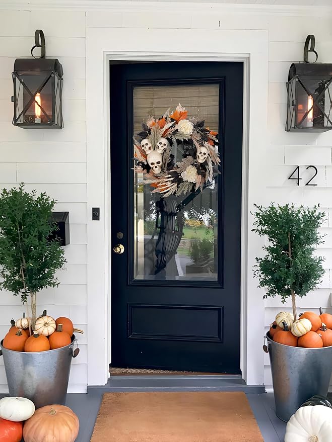 24" Halloween Wreath for Front Door with Artificial Skulls, Wheat, Maple Leaves and White Peonies - Fall Halloween Holiday Decoration for Home Door Wall Indoor/Outdoor