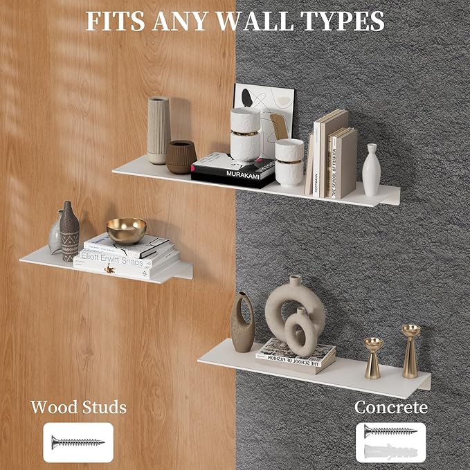 JOOM White Floating Shelves for Wall Storage, Metal Wall Shelves for Living Room, Bathroom, Kitchen, 12” Small Display Shelves for Collectibles(2 PCS)