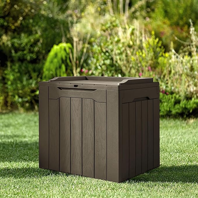 JUMMICO 31 Gallon Resin Deck Box Waterproof Indoor Outdoor Storage Boxes for Patio Furniture Cushions and Garden Tools (Brown)