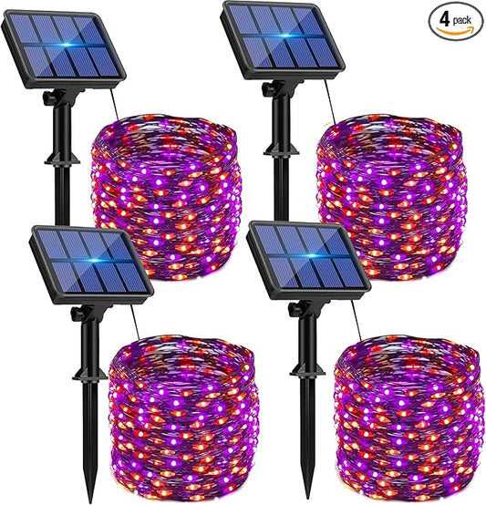 btfarm 4 Pack Solar Halloween String Lights Outdoor, 320LED 132FT Orange Purple Solar Fairy Lights Outside Waterproof, 8 Modes Solar Powered Twinkle Lights for Tree Garden Patio Halloween Decorations