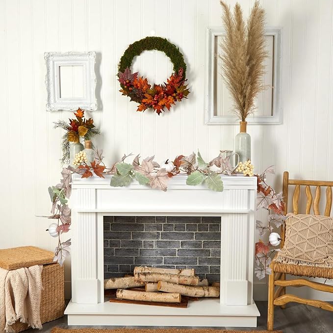 Fall Maple Leaf Garland, Hanging Vine Artificial Autumn Foliage Decoration for Thanksgiving, Home, Wedding, Fireplace, Party, Christmas (White)