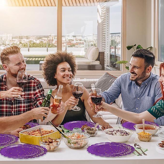 50PCS Purple Paper Plates, 7 Inch Scalloped Purple and Gold Party Plates Disposable Foil Polka Dots Dessert Plate Cake Plate for Wedding Baby Shower Birthday Anniversary Bachelorette Dinner BBQ