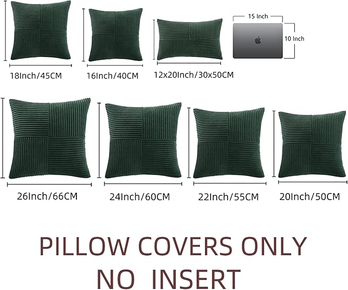 Fancy Homi Set of 2 Dark Green Decorative Throw Pillow Covers 16x16 Inch for Living Room Couch Bed, Boho Farmhouse Forest Green Home Decor, Soft Corss Corduroy Patchwork Textured Cushion Case